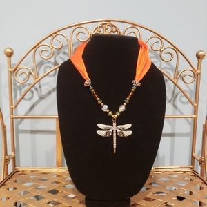 NWT Scarf tie necklace orange dragonfly New